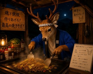 焼きそばの練習をする鹿